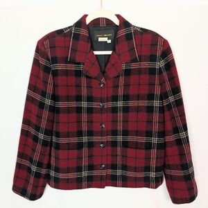 Vintage 90’s Harris/Wallace sz. L Red Plaid Wool Blend Cropped Jacket Button Up
